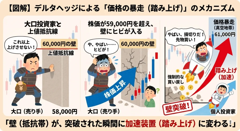 デルタヘッジによる株価加速の仕組み。特定の価格（壁）を突破した際、大口が損失回避のために先物を買い戻すことで、株価がさらに暴走する「踏み上げ」のプロセスを可視化。