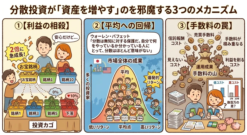 分散投資が資産拡大を妨げる3つのメカニズムを示す図解。1. 好調な銘柄の利益を不調な銘柄が相殺する『利益の相殺』、2. 市場平均に縛られ高いリターンが出せない『平均への回帰』、3. 手数料や管理コストが蓄積し運用効率を低下させる『手数料の罠』について解説したインフォグラフィック。