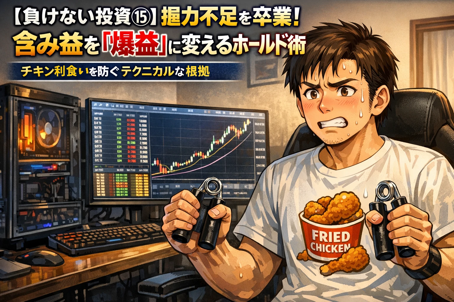 握力不足でチキン利食いに悩む個人投資家が、トレーディングルームでハンドグリップを握りながらチャートを見ている様子
