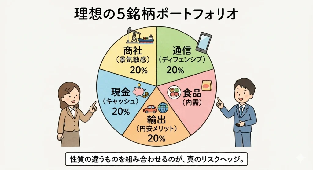 「理想の5銘柄ポートフォリオ」と書かれた円グラフ。商社（景気敏感）、通信（ディフェンシブ）、食品（内需）、輸出（円安メリット）、現金（キャッシュ）の5つの要素が、それぞれ20%ずつの均等な割合で構成されているイラスト。
