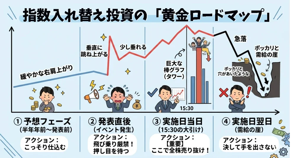 指数入れ替え投資の「黄金ロードマップ」を時系列で示した図解イラスト。4つのステップと株価チャートの動きを解説しています。