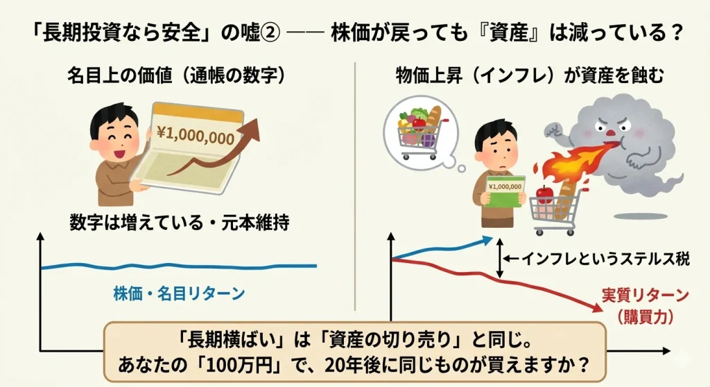 インフレによる資産目減りの図解。株価が横ばいでも、購買力が低下すれば実質的な損失になることを対比させたイラスト。