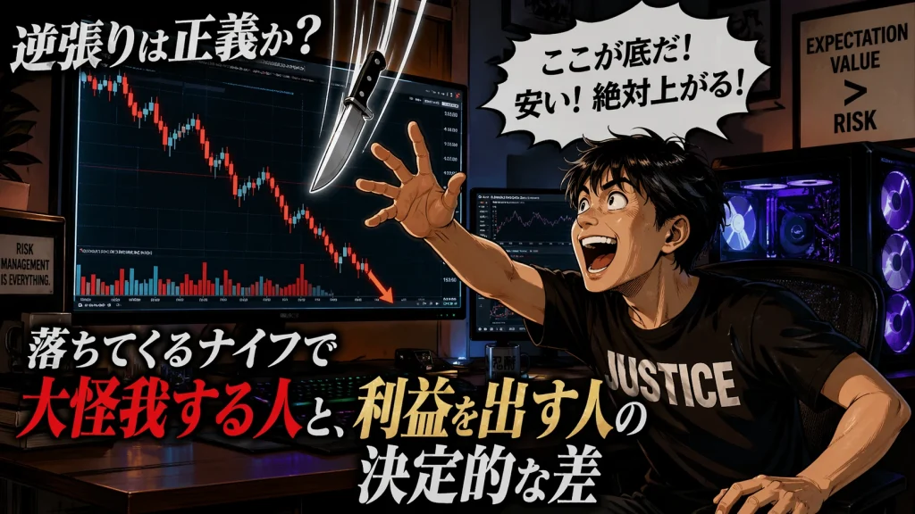 自宅のトレーディングルームで自作デスクトップパソコンと複数モニターを前に、急落する株価チャートを見ながら興奮して“落ちてくるナイフ”を掴もうとする個人投資家（漫画風）。Tシャツには「JUSTICE」の文字が書かれており、逆張り投資の危険性と衝動的な取引を象徴している。