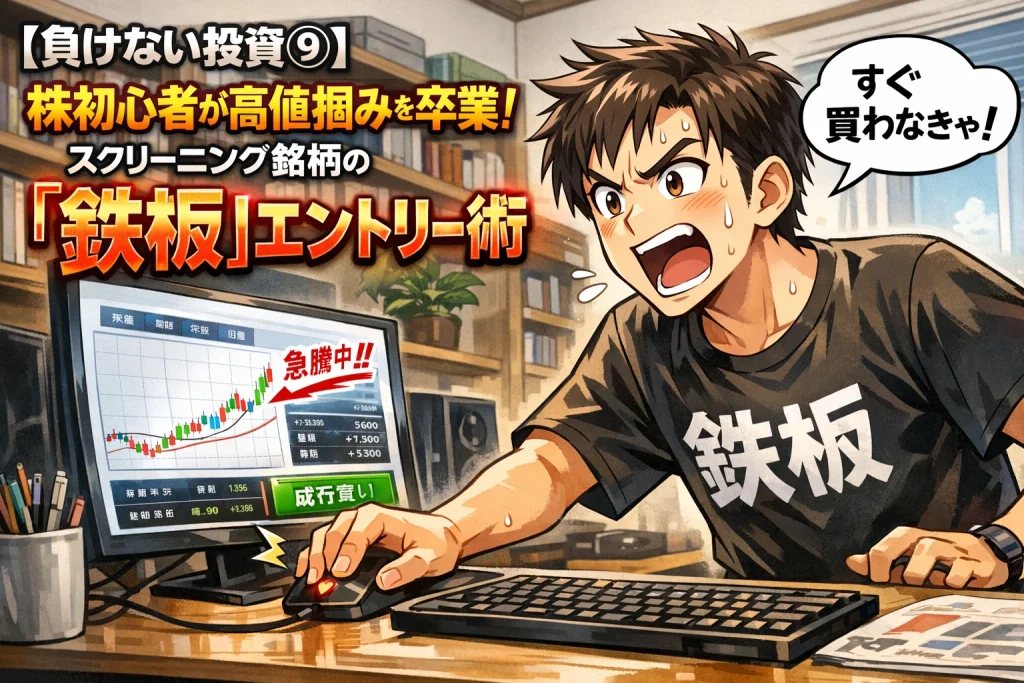 スクリーニングで見つけた銘柄を急いで買おうとする株初心者と鉄板エントリー術のイメージ