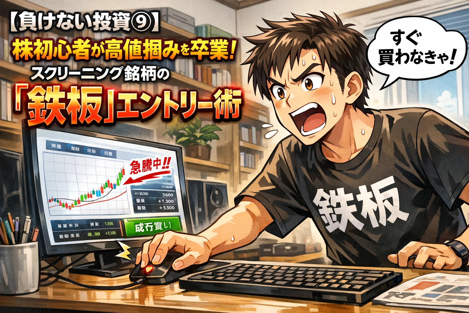 スクリーニングで見つけた銘柄を急いで買おうとする株初心者と鉄板エントリー術のイメージ