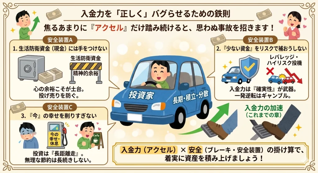 投資家が車を運転しているメタファーを用いた『入金力を「正しく」バグらせるための3つの鉄則』の図解。