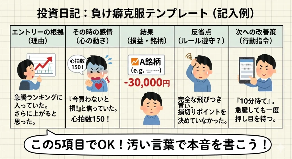 株の投資日記に書くべき5項目(根拠・感情・結果・反省・改善)の記入例テンプレート図解