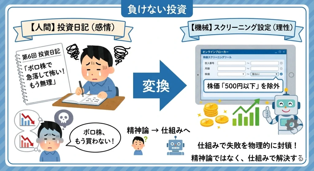 「投資日記」から「スクリーニング設定」への変換プロセスを描いたイラスト。左側の「感情」セクションでは、投資家が失敗を日記に書き、右側の「理性」セクションでは、それを「株価500円以下を除外」という機械的な設定に変換して、精神論ではなく仕組みで失敗を防ぐ様子を表現している。