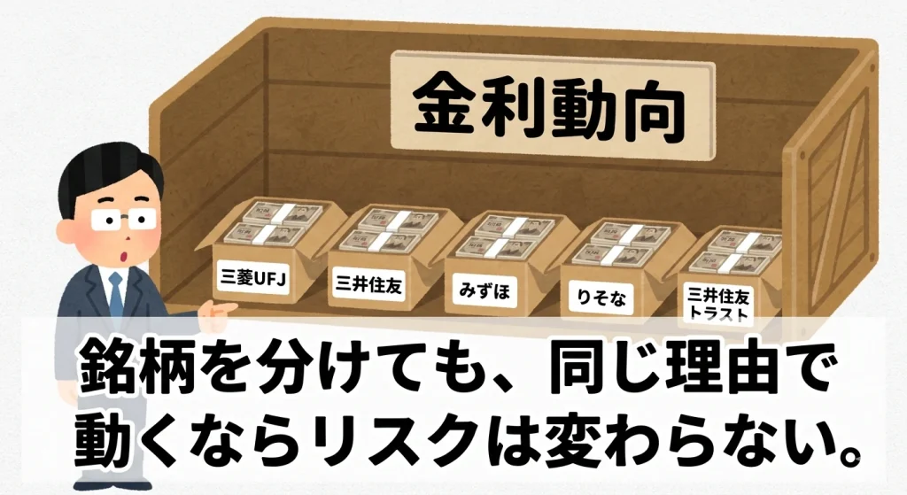 「金利動向」と書かれた大きな木箱の中に、三菱UFJ、三井住友、みずほ、りそな、三井住友トラストの各銀行名がついた5つの小箱（札束）が入っているイラスト。