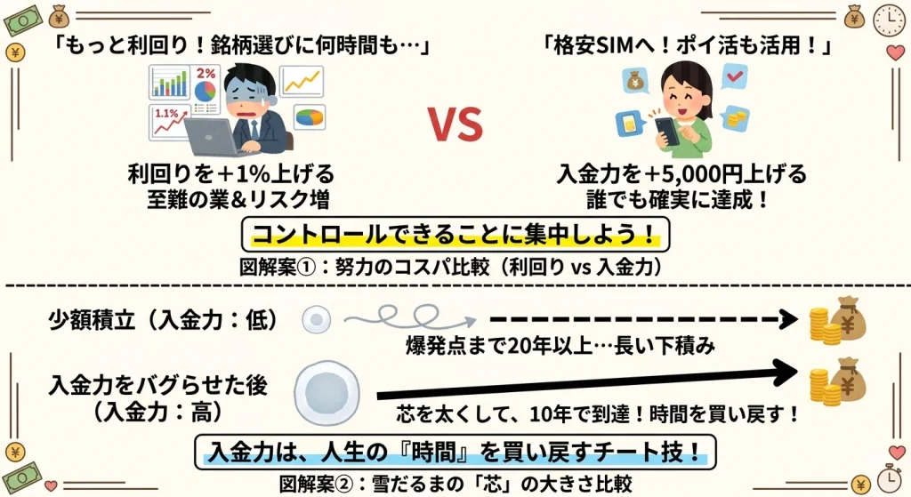 投資の入金力と資産形成の効率を比較する図解。資産の爆発点に到達するまでの期間が短縮されることを説明する概念図。