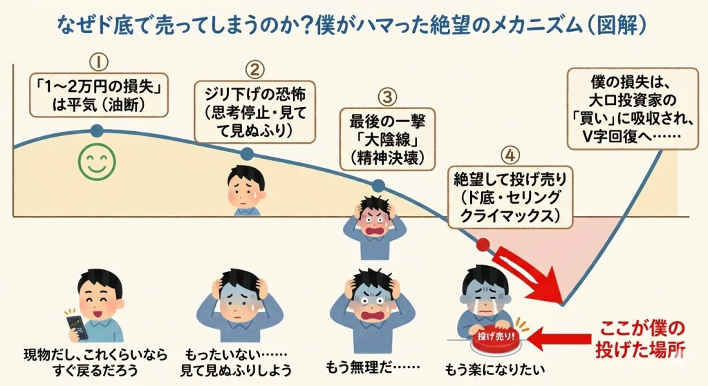 株価下落に伴う投資家の心理的プロセス（油断、思考停止、精神崩壊、ド底での投げ売り）を示す図解
