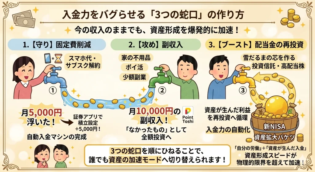 『入金力』を強化して資産形成を加速させる3つの蛇口を示す図解。