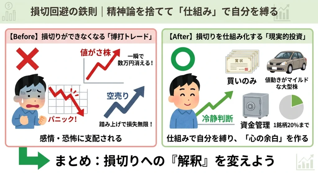 損切りができない「博打トレード」から、ルールで自分を縛る「仕組み化投資」への転換を示す比較図解