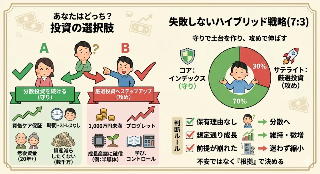 投資戦略の判断基準（守りの分散 vs 攻めの厳選）と、7:3のハイブリッド戦略を示す図解。