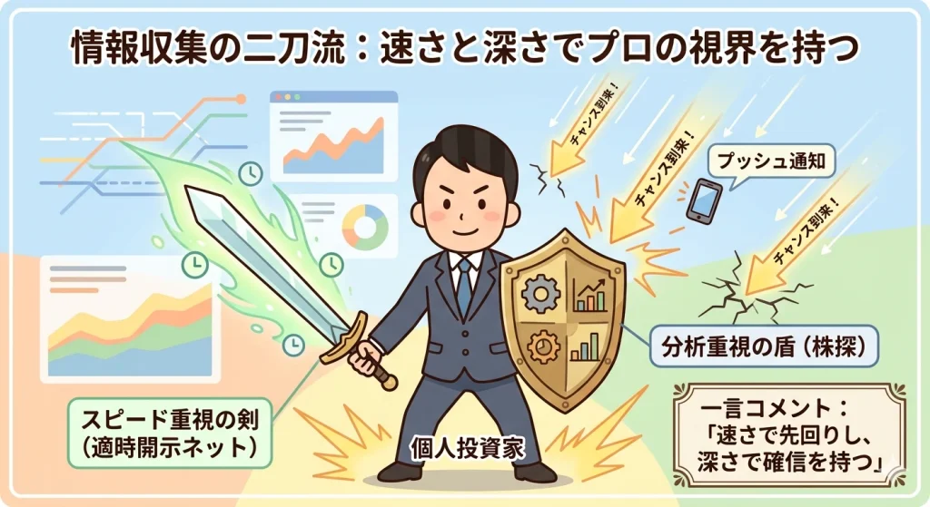 「適時開示ネット」をスピード重視の剣、「株探」を分析重視の盾として使い分ける投資家のイラスト。上空からのプッシュ通知でチャンスを察知し、速さと深さでプロの視界を持つ様子を解説。
