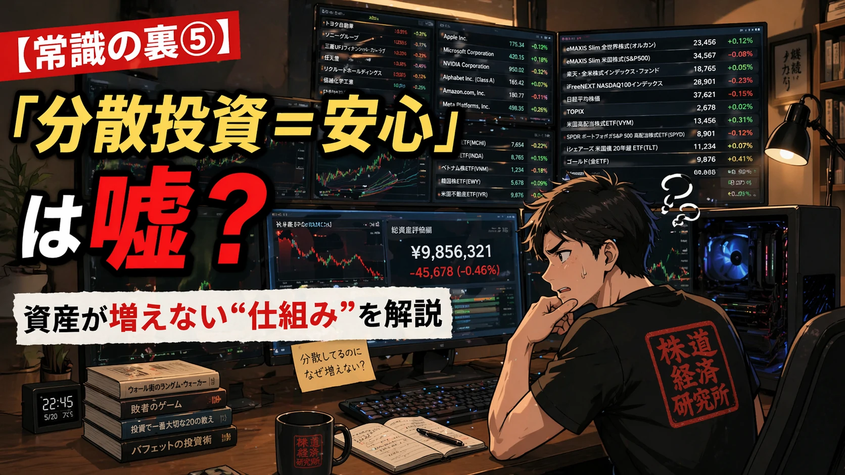 分散投資しているのに資産が増えない理由に悩む個人投資家のトレーディングルーム風景（複数モニターで銘柄を監視する様子）