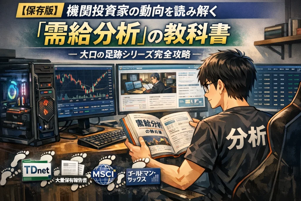 自宅のトレーディングルームで需給分析の教科書を読みながら、大口投資家の足跡（TDnet・大量保有報告書・MSCI・ゴールドマンサックス）を追う個人投資家のイラスト