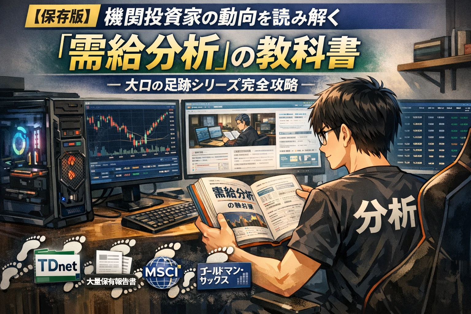 自宅のトレーディングルームで需給分析の教科書を読みながら、大口投資家の足跡（TDnet・大量保有報告書・MSCI・ゴールドマンサックス）を追う個人投資家のイラスト