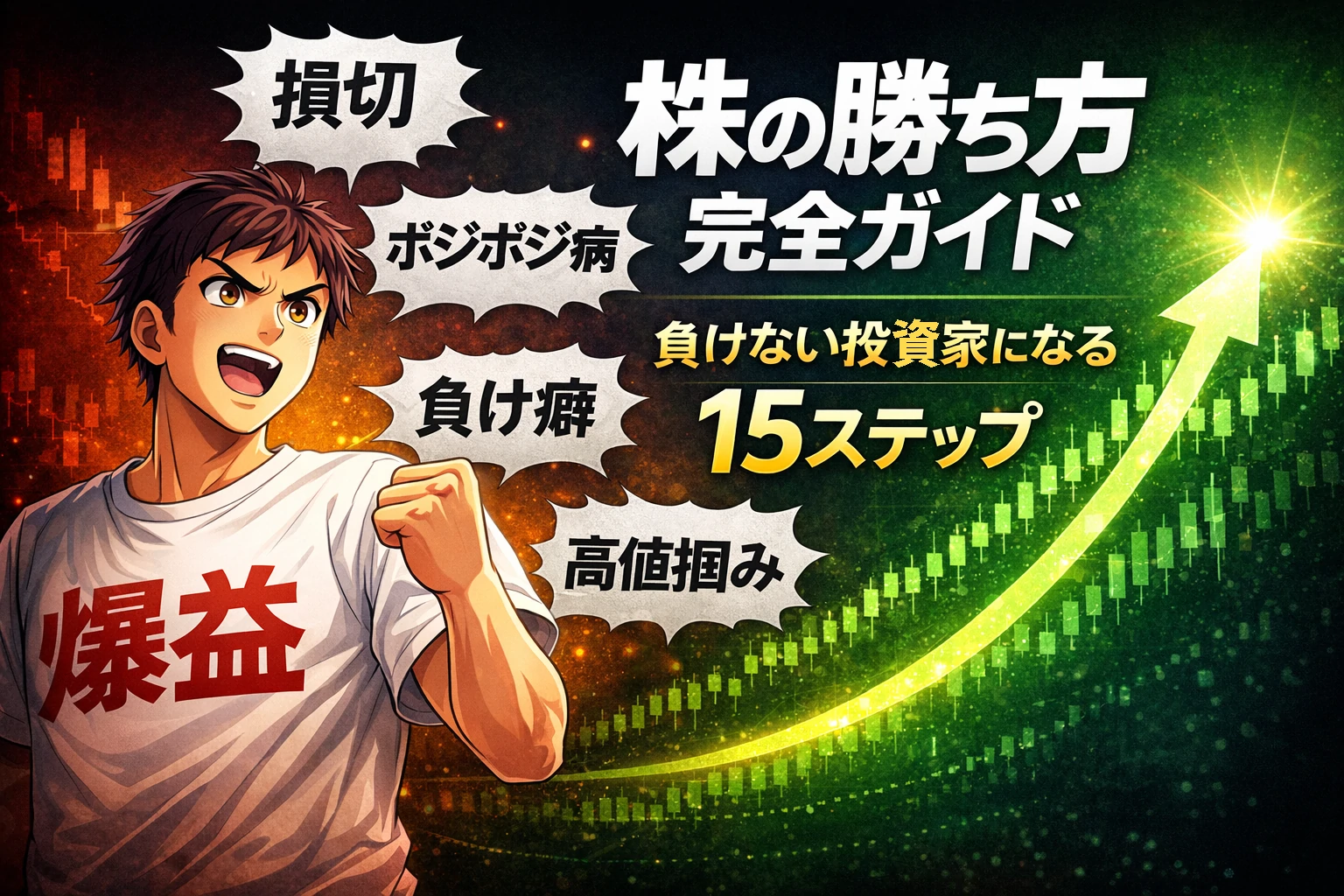 株の勝ち方完全ガイド｜損切・ポジポジ病・負け癖・高値掴みを克服して負けない投資家になる15ステップを解説したアイキャッチ画像