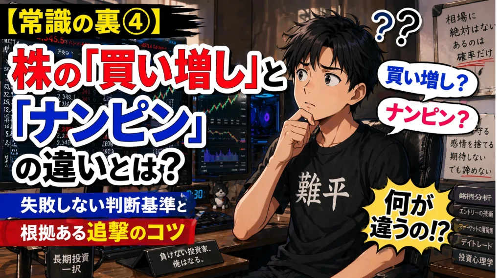 株の「買い増し」と「ナンピン」の違いに悩む個人投資家がトレーディング画面を見ながら考えている漫画風イラスト。失敗しない判断基準と根拠ある追撃のコツを解説する記事のトップ画像。