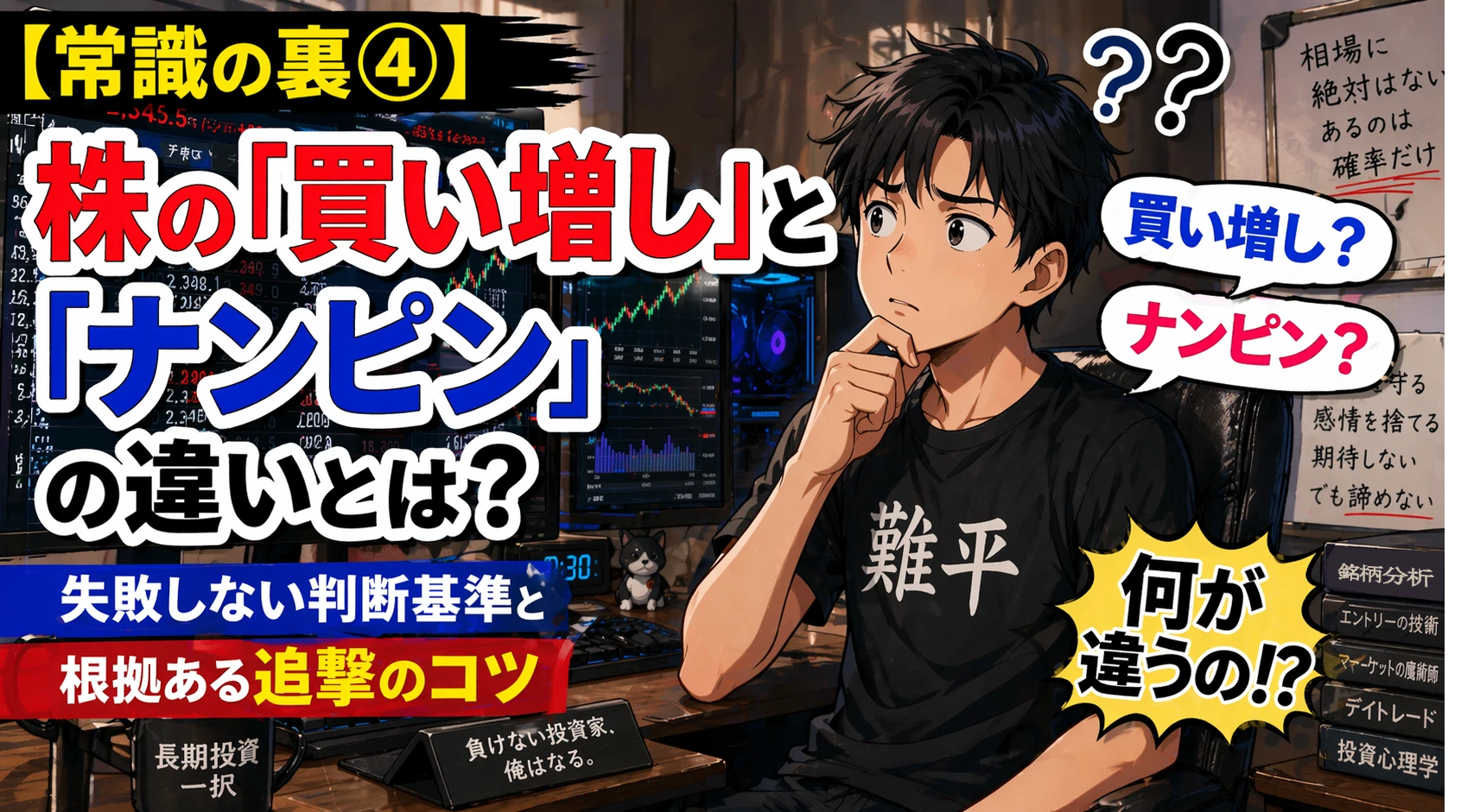 株の「買い増し」と「ナンピン」の違いに悩む個人投資家がトレーディング画面を見ながら考えている漫画風イラスト。失敗しない判断基準と根拠ある追撃のコツを解説する記事のトップ画像。