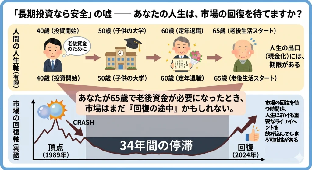 長期投資のリスクを視覚化したインフォグラフィック。市場の長期停滞が、投資家の人生計画に与える負の影響をグラフで対比したもの。