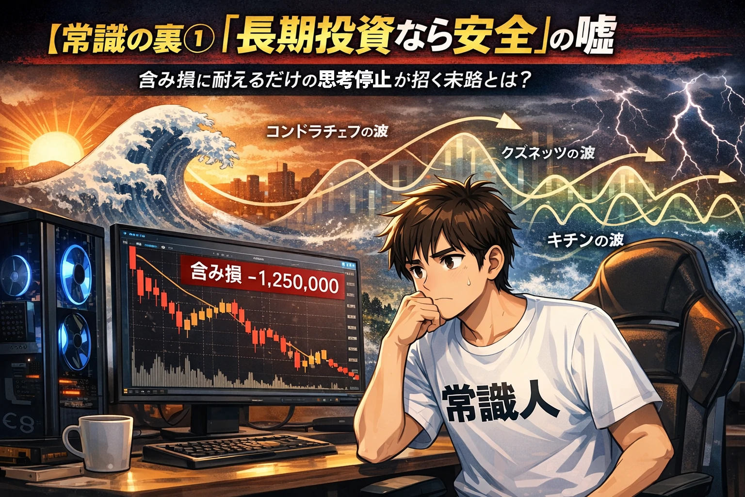 含み損を抱えた個人投資家がトレーディングルームで長期投資の安全性に疑問を抱く様子。モニターには大きな損失が表示され、背景にはコンドラチェフの波やキチンの波など景気循環が描かれている。