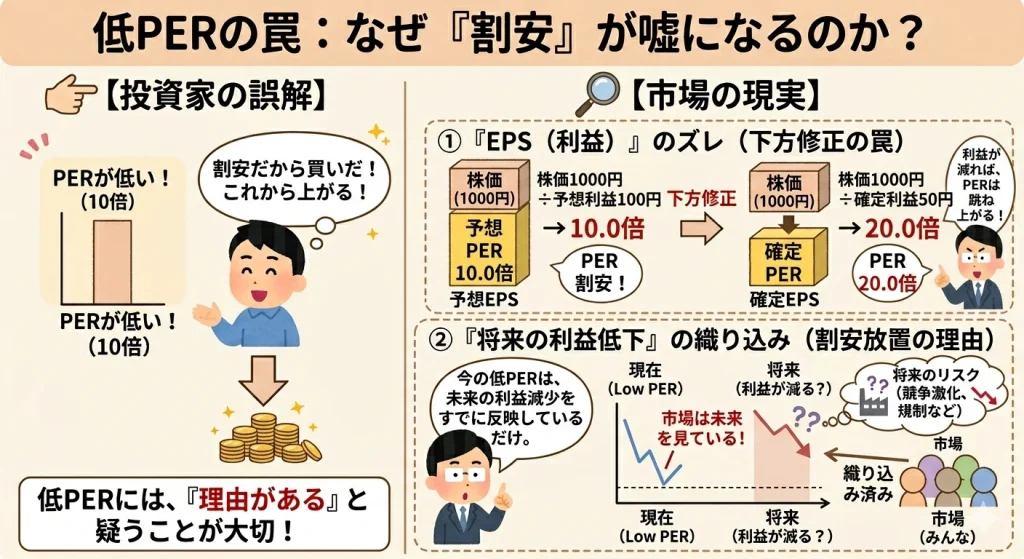 「低PERは割安」という投資家の誤解に対し、業績の下方修正や将来の利益低下を市場が既に織り込んでいるという「低PERの罠」の構造を示した解説図。