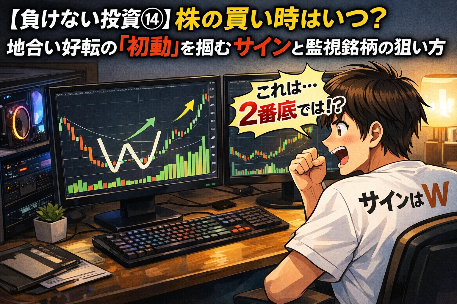 自宅のトレーディングルームでダブルボトムと出来高急増チャートを見て2番底に気づく個人投資家の漫画イラスト