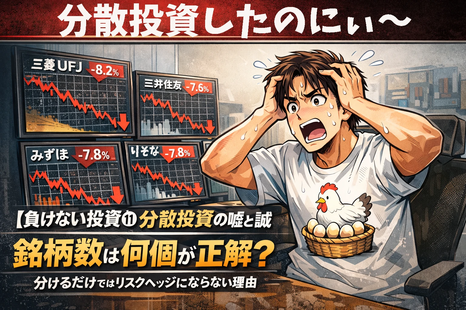 自宅トレーディングルームで銀行株を分散投資して安心していたが、複数銘柄が同時下落し焦る男性投資家の漫画イラスト