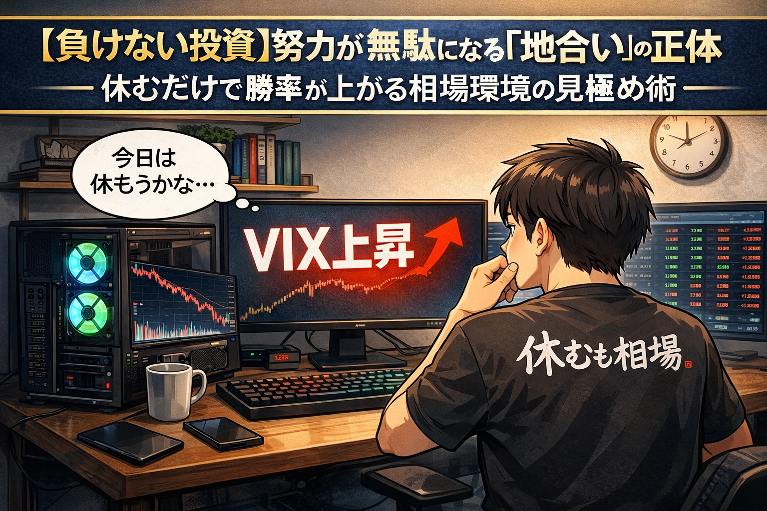 相場の地合い悪化を示すVIX上昇を確認し休む判断をする個人投資家のトレーディングルーム風景｜休むも相場の投資戦略イメージ