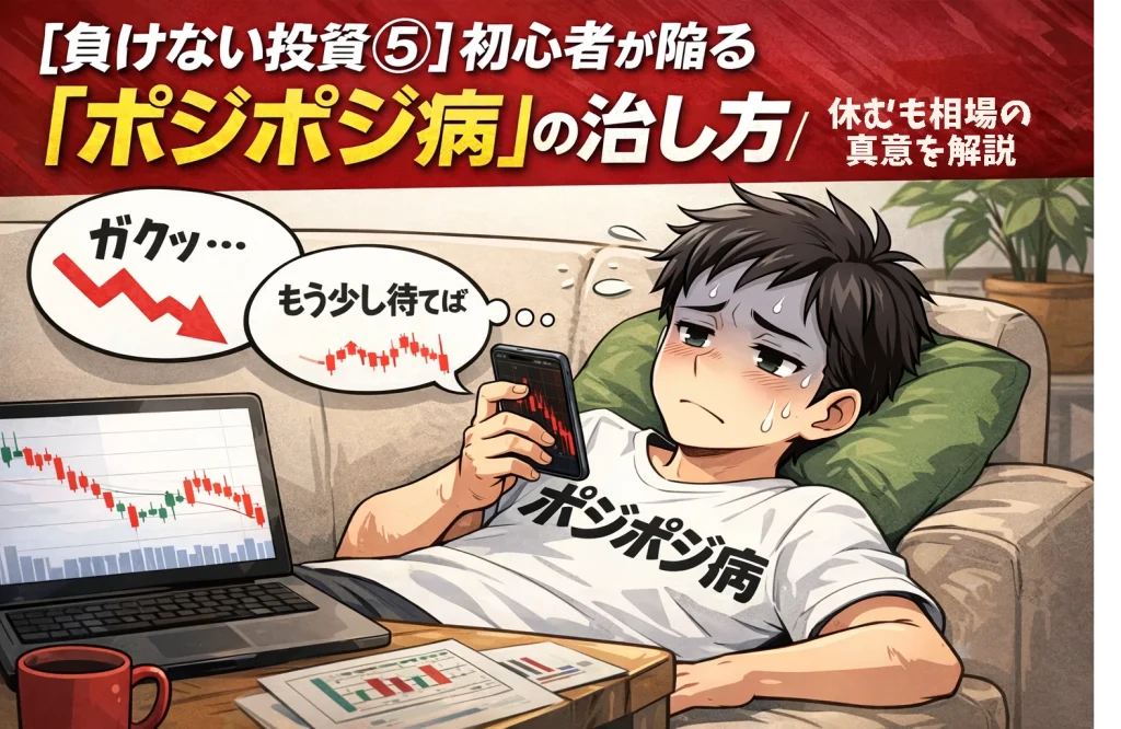 ソファで横になりながらスマホで株価チャートを何度も確認してしまうポジポジ病の投資初心者を描いたイラスト