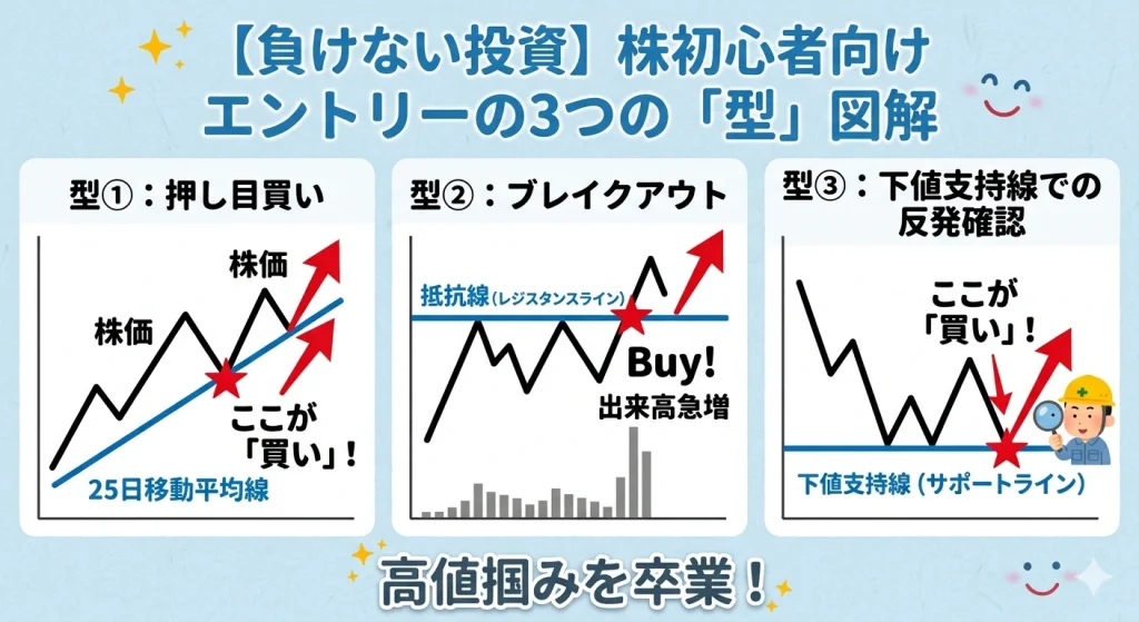 株初心者が高値掴みを卒業するための、鉄板エントリー3パターン（押し目買い、ブレイクアウト、支持線反発）の解説図解。