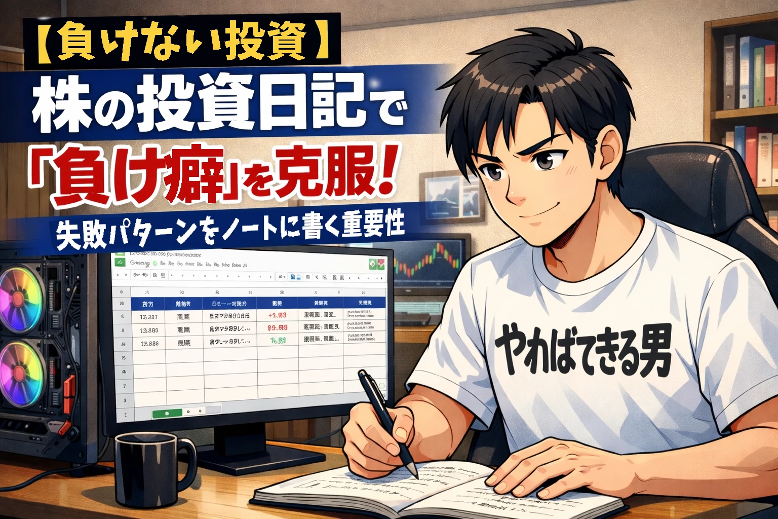 自宅で投資日記をスプレッドシートに記録し負け癖を克服する男性投資家のイラスト【負けない投資】
