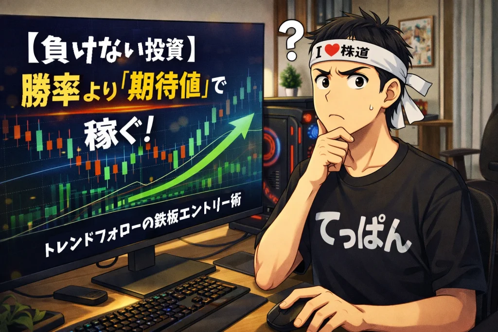 自作PCで株チャートを見ながら「勝率より期待値で稼ぐ」を考えるトレンドフォロー投資家の漫画イラスト