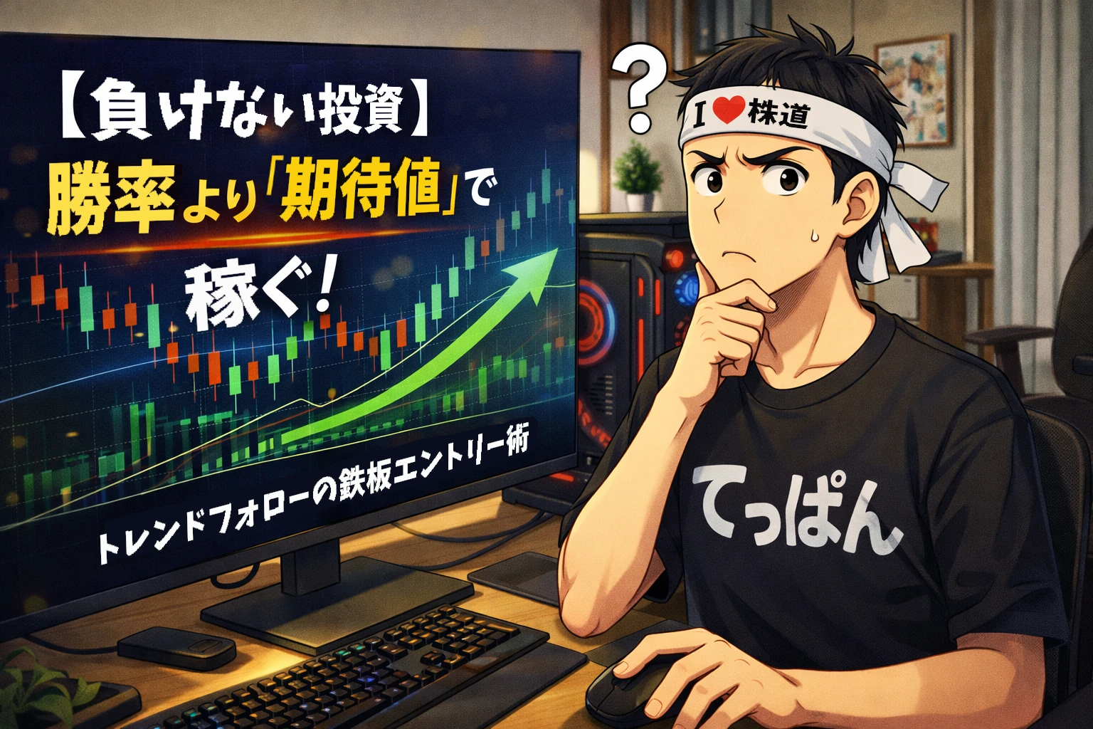 自作PCで株チャートを見ながら「勝率より期待値で稼ぐ」を考えるトレンドフォロー投資家の漫画イラスト