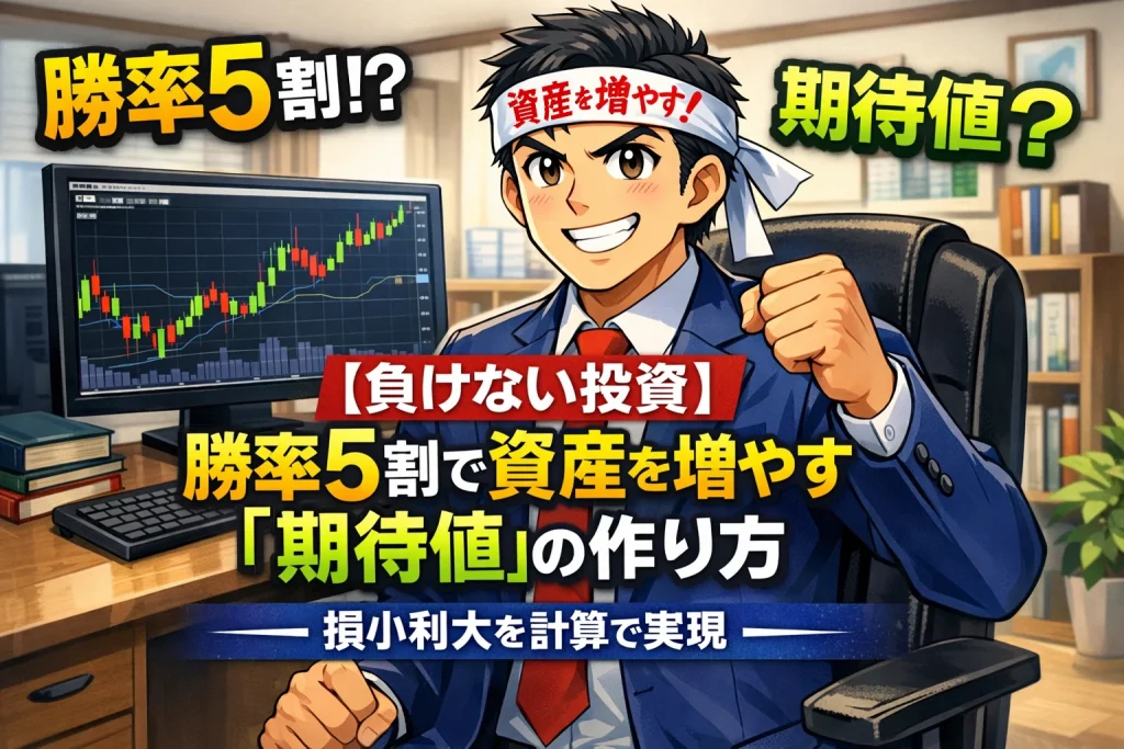 勝率5割でも資産を増やす期待値投資を解説するイメージ|損小利大の投資戦略イラスト