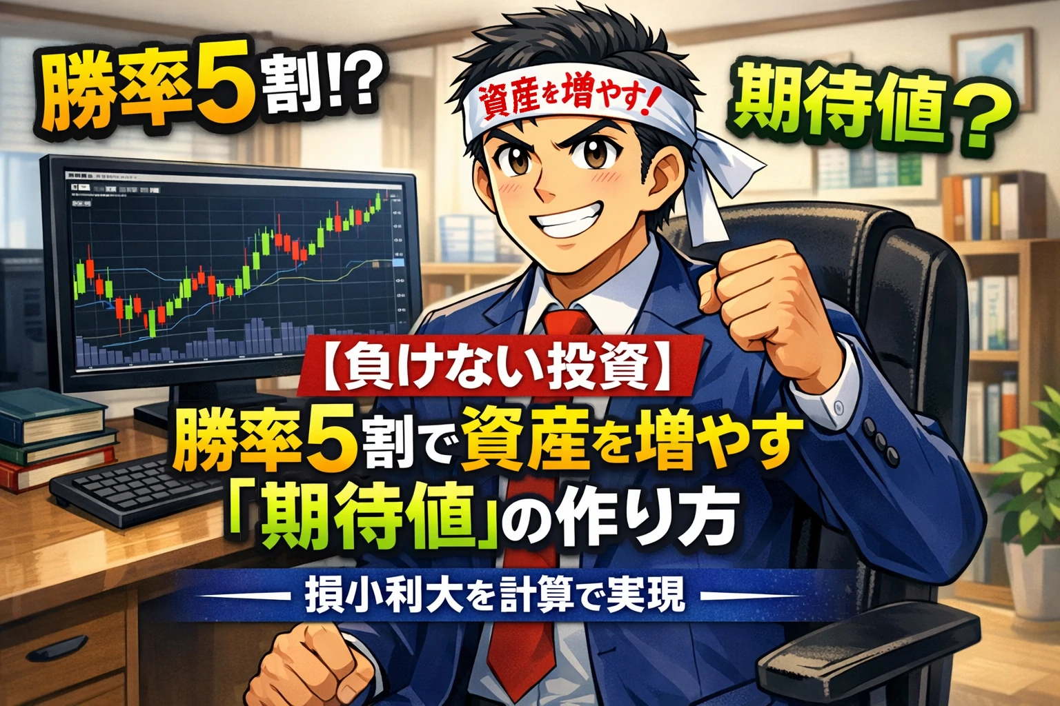勝率5割でも資産を増やす期待値投資を解説するイメージ｜損小利大の投資戦略イラスト