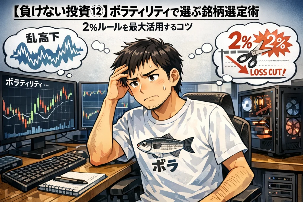 自宅のトレーディングルームで複数モニターを見ながら、ボラティリティと2%損切ルールに悩む男性投資家を描いた漫画風トップ画像。Tシャツには魚のボラのイラストと「ボラ」の文字。