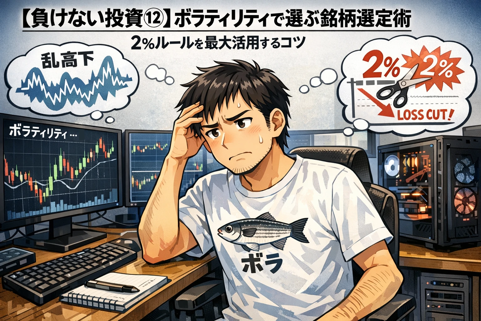 自宅のトレーディングルームで複数モニターを見ながら、ボラティリティと2%損切ルールに悩む男性投資家を描いた漫画風トップ画像。Tシャツには魚のボラのイラストと「ボラ」の文字。