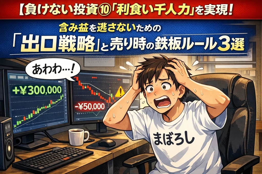含み益を逃した投資家の漫画イラスト｜利食い千人力と出口戦略・売り時ルールを解説する株式投資記事のアイキャッチ