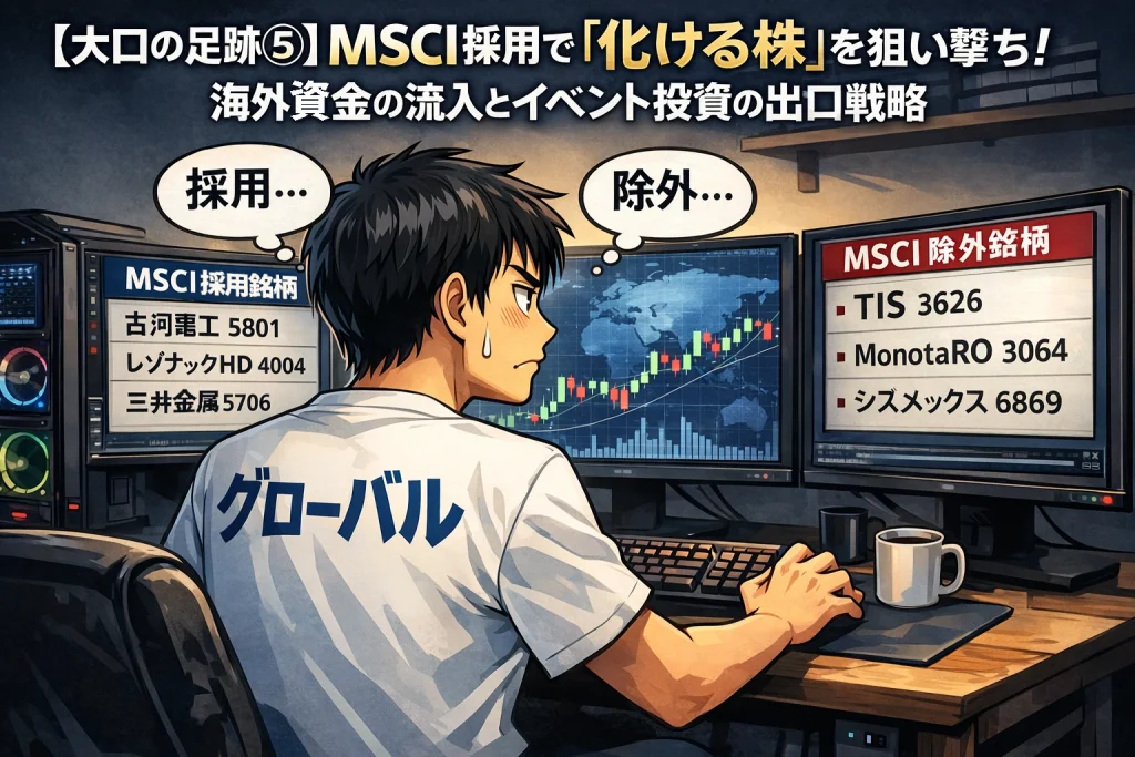 MSCI採用銘柄と除外銘柄を監視する個人投資家のトレーディングルーム。海外資金流入を狙ったイベント投資戦略のイメージ