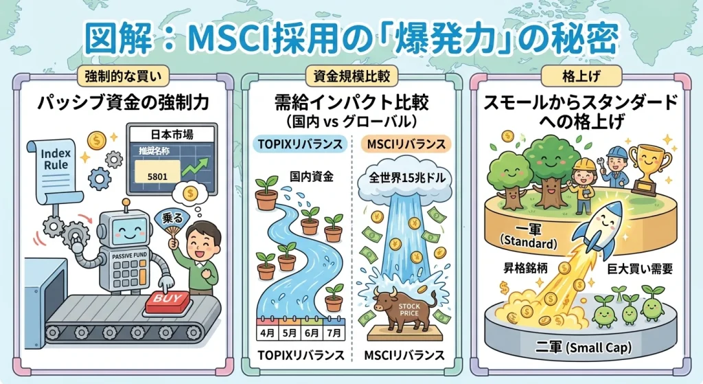 MSCI採用による株価上昇の仕組み図解。パッシブファンドによる機械的な買い、TOPIXとMSCIの資金流入密度の比較、スモールキャップからスタンダード指数への格上げによる需給変化を解説。