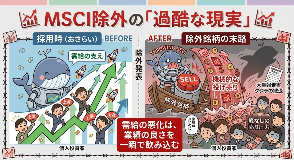 MSCI銘柄除外による株価下落の仕組み図解。採用時のクジラによる支えに対し、除外時はパッシブファンドが機械的な投げ売りを執行。業績が良くても需給悪化で株価が下がる様子や、大量保有報告書に見る大口投資家の撤退、個人投資家が売り圧力に埋もれる過酷な現実を解説。