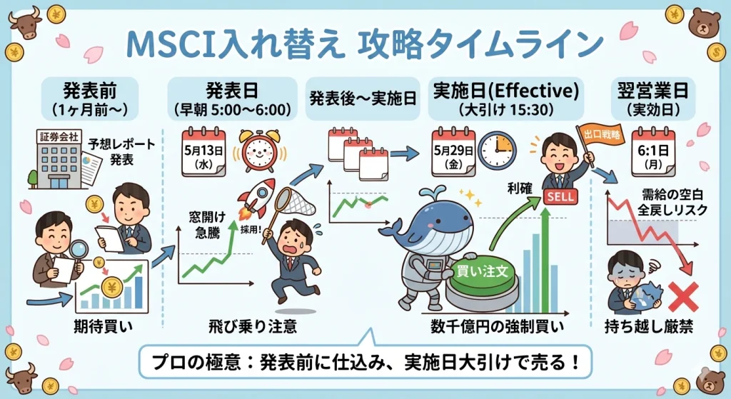 MSCI銘柄入れ替えの攻略タイムライン図解。発表1ヶ月前の先回り買い、5月13日早朝の公式発表と窓開け、5月29日大引け15:30のパッシブファンドによる強制買いと利確のタイミング、翌営業日の全戻しリスクと持ち越し厳禁の鉄則を解説。