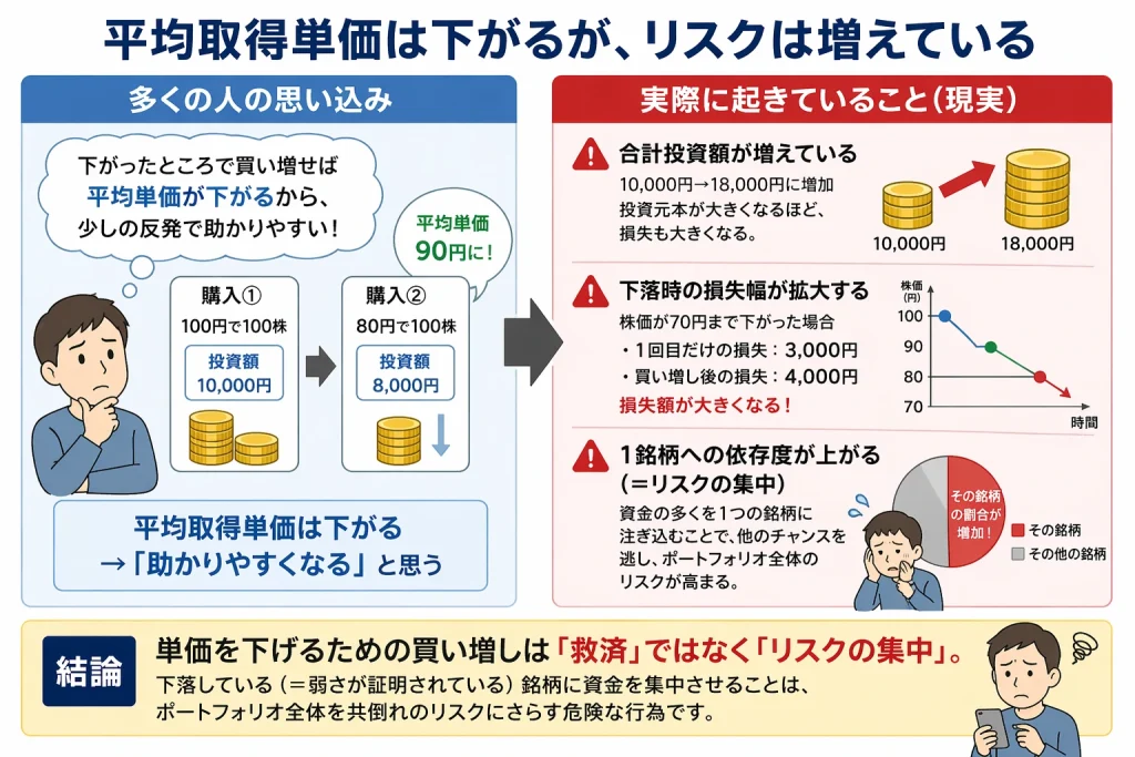 ナンピンで平均取得単価が下がってもリスクが増える理由を解説した図。投資額増加と損失拡大の関係を可視化