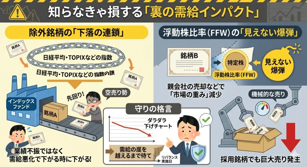 指数入れ替えにおける「裏の需給インパクト（売り圧力）」の解説図。