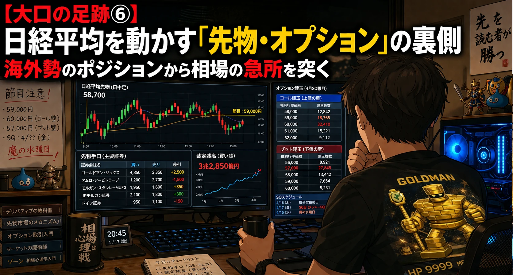 自宅のトレーディングルームで先物とオプションの画面を分析する個人投資家。日経平均の節目と海外勢ポジションを示すモニターが並ぶ。