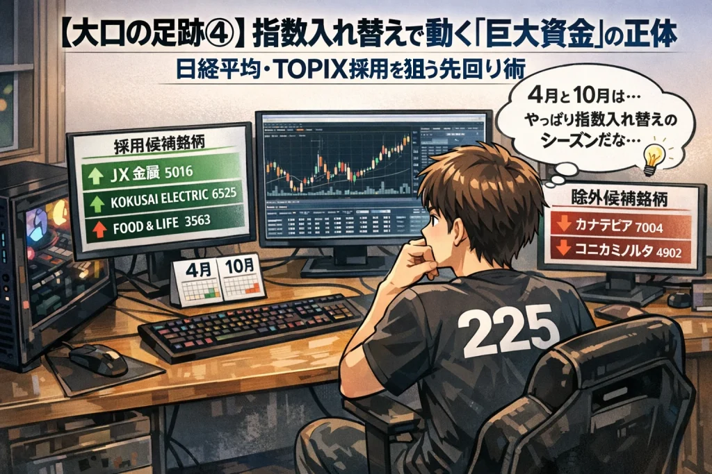 日経平均・TOPIXの指数入れ替えで動く巨大資金を意識し、採用銘柄と除外銘柄をチェックする個人投資家のトレーディング風景