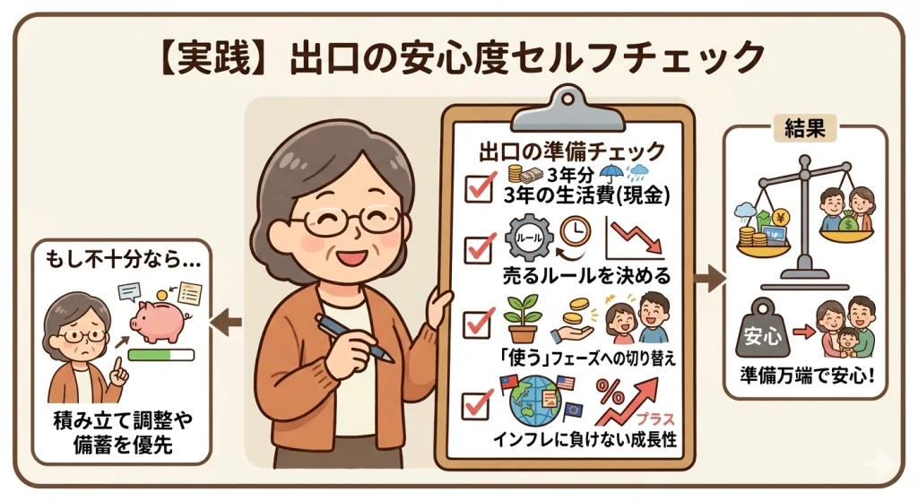 出口戦略のセルフチェックを行う投資家のイラスト。手元のチェックリストに確認事項が並び、安心して戦略を見直している様子。